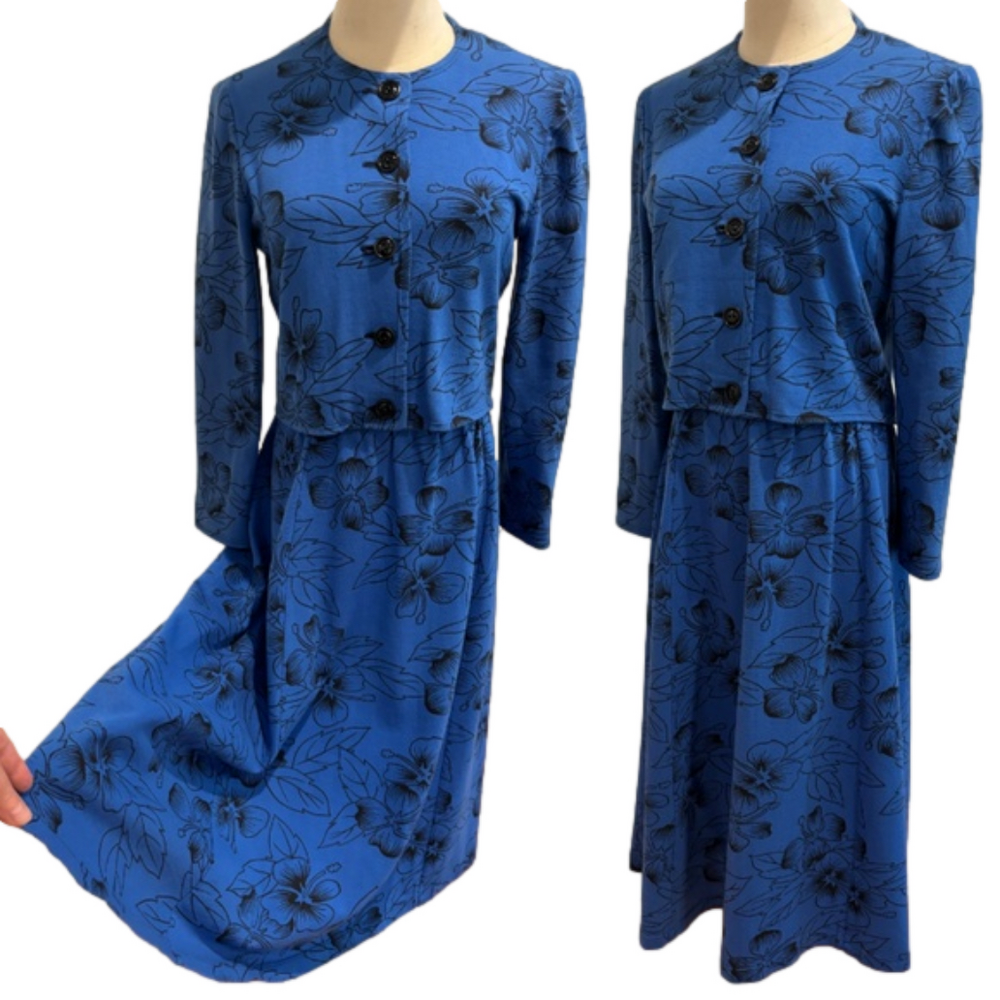 90s Floral Midi Skirt Set Cotton Blend Cottagecore Cropped Jacket & Full Skirt